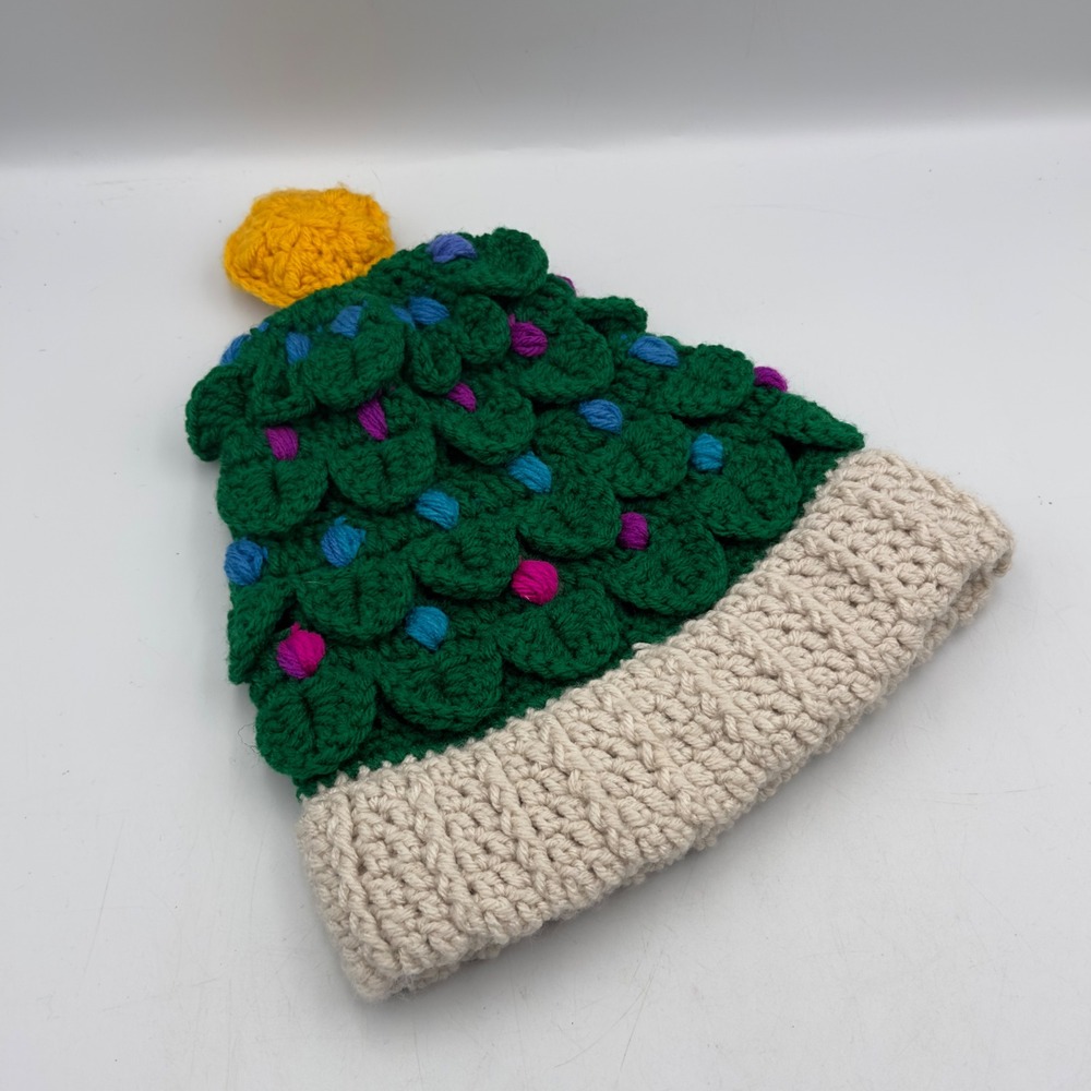 Handmade Crochet Christmas Tree Beanie Green Festive Novelty Star OSFM Holiday